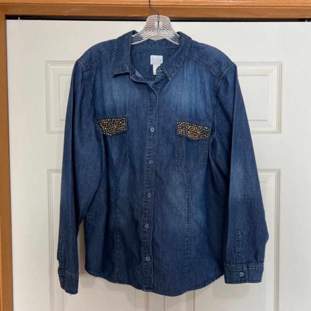 Chicos Denim Shirt Plus Size 3 Bling Front Pockets